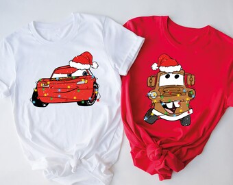 Disney Cars Xmas Shirt, Lightning McQueen and Tow Mater Santa Hat Shirt, Disney Couples Xmas Gift, Disneyland Holiday Vacation Party Tee