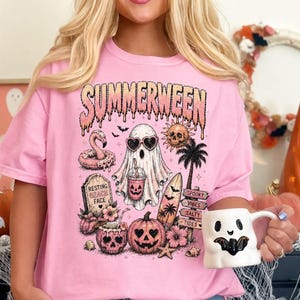 Summerween Shirt, Pink Halloween Beach Vibes T-shirt, Ghost Halloween Tee, Spooky Summer Sweatshirt