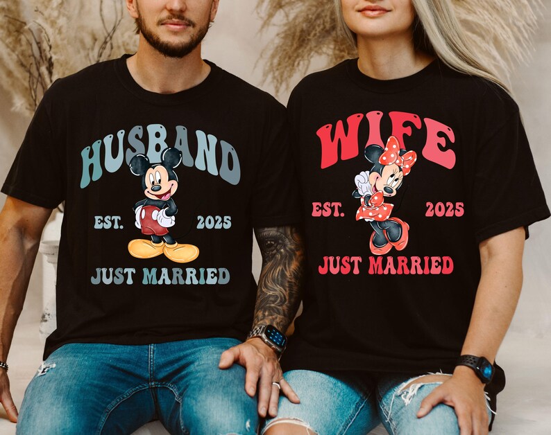 Disney Just Married Shirt, Husband Wife 2025 T-Shirt, Mickey Mouse Matching Shirt, Disneyland Bride & Groom Shirt, Honeymoon Couple Gift Tee