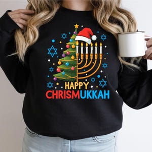 Happy Chrismukkah-shirt, kersttrui kerstmuts, joods religieuze shirts, feestelijk kerstcadeau judaica cadeau, vrolijk Chrismukkah-shirt