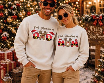 Custom Christmas Family Sweater, First Christmas As Mom T-shirt, Santa and Reindeer Christmas Hoodie