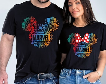 Camiseta combinando, camiseta de super-heróis Mickey e Minnie, camiseta do esquadrão de super-heróis, camiseta com laço da Minnie e cabeça do Mickey, camiseta de casal