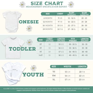 K&ouml;nnte beinhalten: Gr&ouml;&szlig;entabelle f&uuml;r Strampler, Kleinkind-Shirts und Jugend-Shirts. Die Tabelle zeigt Brustumfang, L&auml;nge und Gewichtsangaben in Zoll und Pfund. Die Tabelle enth&auml;lt auch ein Diagramm, das zeigt, wie man Breite und L&auml;nge misst.