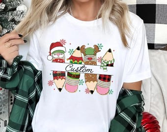 Anpassad lärartröja för jul, t-shirt med blyertspenna för lärare, glad lärare-tröja, högtidslärartröja, julklappslucka för lärare