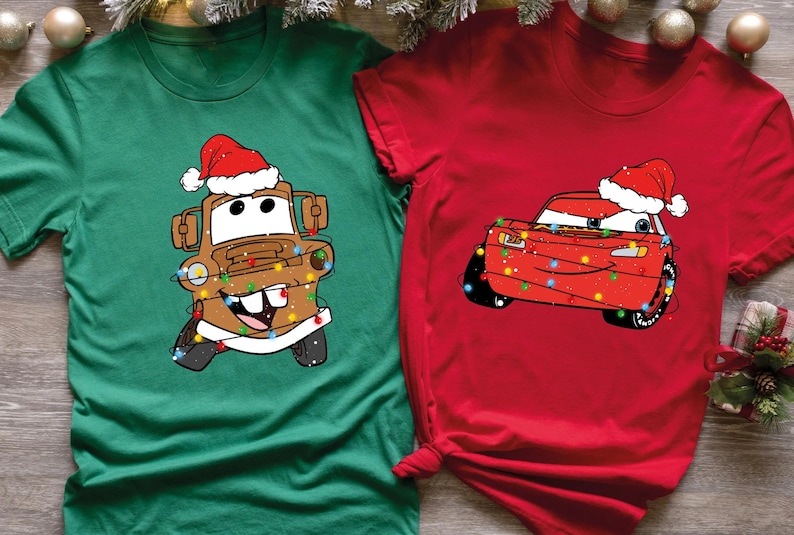 Disney Christmas Shirt, Santa Hat Lightning McQueen and Tow Mater T-shirt, Disney Couples Xmas Tee, Holiday Vacation Party Sweatshirt