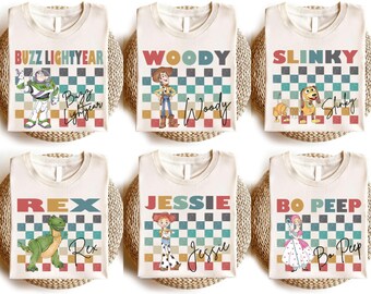 Retro Character Shirt, Checkerboard Vacation T-shirt, Pixar Family Matching Tee, Retro Woody Jessie Sweatshirt, Adventure Trip Crewneck