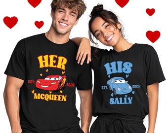 Shirt van haar Lightning McQueen His Sally, Disney Cars Valentijnsdag paar T-shirt, Pixar McQueen Sally T-shirt voor Disney-reis of huwelijksreis