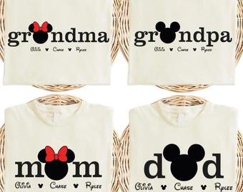 Camiseta personalizada para mamá y papá, camiseta a juego para mamá y papá con el nombre de los niños, camiseta personalizada para abuelos, sudadera de Mickey y Minnie.