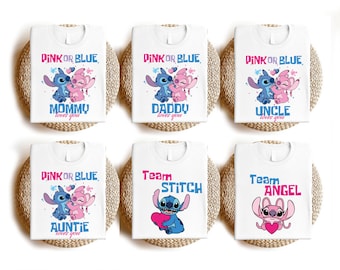 Disney Angel & Stitch Gender Reveal Shirt, Pink or Blue Family Shirt, Gender Party Family T-Shirt, Pink Or Blue Mom and Dad Loves You Tee