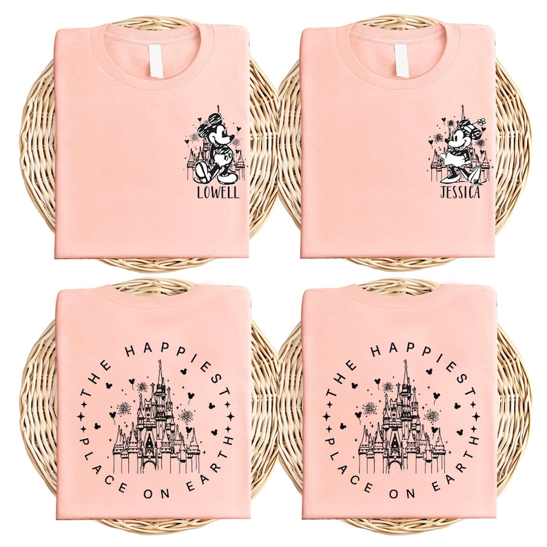 a set of four pink t - shirts with a castle on it