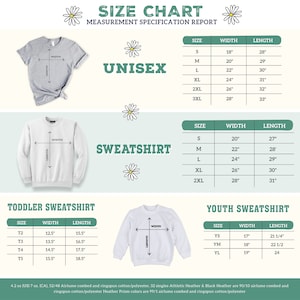 K&ouml;nnte beinhalten: Gr&ouml;&szlig;entabelle f&uuml;r Unisex-, Sweatshirt-, Kleinkind-Sweatshirt- und Jugend-Sweatshirt-Stile. Die Tabelle zeigt die Breite und L&auml;nge in Zoll f&uuml;r jede Gr&ouml;&szlig;e.