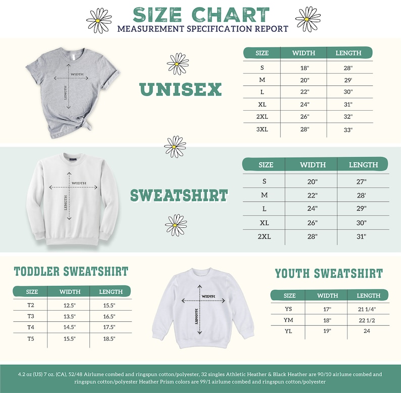 K&ouml;nnte beinhalten: Gr&ouml;&szlig;entabelle f&uuml;r Unisex-, Sweatshirt-, Kleinkind-Sweatshirt- und Jugend-Sweatshirt-Stile. Die Tabelle zeigt die Breite und L&auml;nge in Zoll f&uuml;r jede Gr&ouml;&szlig;e.