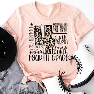 4th Grade Typography Shirt, Fourth Grade Leopard T-shirt, First Day of School Tee, Back To School Sweatshirt, Hello School Crewneck