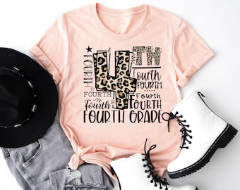 Camiseta de tipografía de cuarto grado, camiseta de leopardo de cuarto grado, camiseta del primer día de clases, sudadera de regreso a clases, sudadera con cuello redondo "Hola escuela"