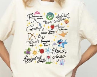 Princess Signatures Shirt,Princess Names T-shirt,Disney All Princess Autograph Tee, Disneyland Vacation Sweatshirt, land Girls Trip Crewneck
