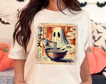 Retro Japanese Ghost Shirt, Japanese Halloween T-shirt, Vintage Anime Ghost Tee, Spooky Season Sweatshirt, Ghost Eating Ramen Hoodie
