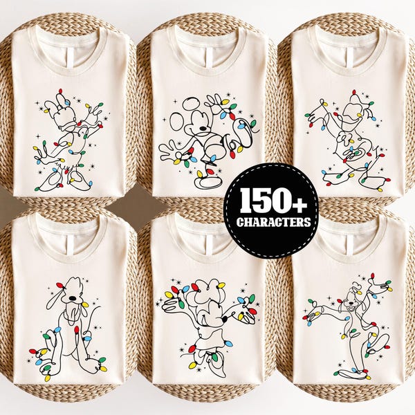 Camiseta navideña de Mickey y sus amigos, camiseta de luces navideñas de Disney, camiseta navideña con todos los personajes de Disneyland, suéter navideño Very Merry Xmas