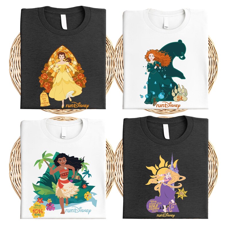 four t-shirts with different Disney princess designs, including Belle, Mater, Rapunzel, and other characters from the Disney animated films.