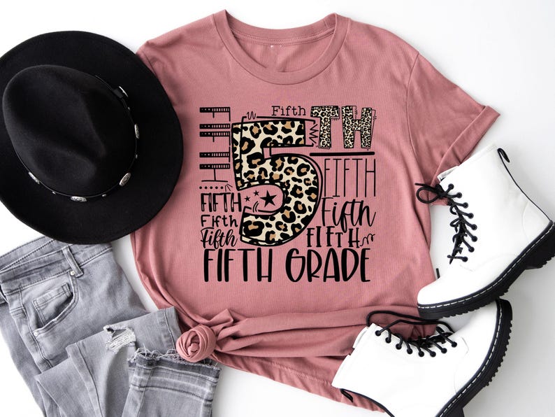 Fifth Grade Typography Shirt, 5th Grade Leopard T-shirt, First Day of School Tee, Back To School Sweatshirt, Grade Level Hoodie