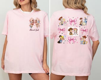Camiseta personalizada de Toy Story para San Valentín, suéter de pareja del Sheriff Woody Bo Peep, camiseta de vacaciones de amor de Disneyland, camiseta de regalo de corazón con lazo de Disney Coquette