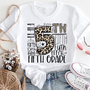 Fifth Grade Typography Shirt, 5th Grade Leopard T-shirt, First Day of School Tee, Back To School Sweatshirt, Grade Level Hoodie