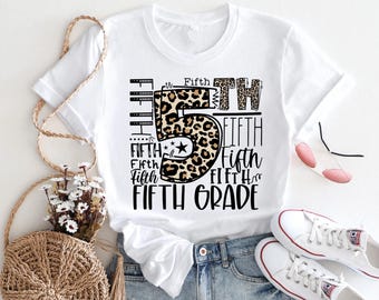 Fifth Grade Typography Shirt, 5th Grade Leopard T-shirt, First Day of School Tee, Back To School Sweatshirt, Grade Level Hoodie