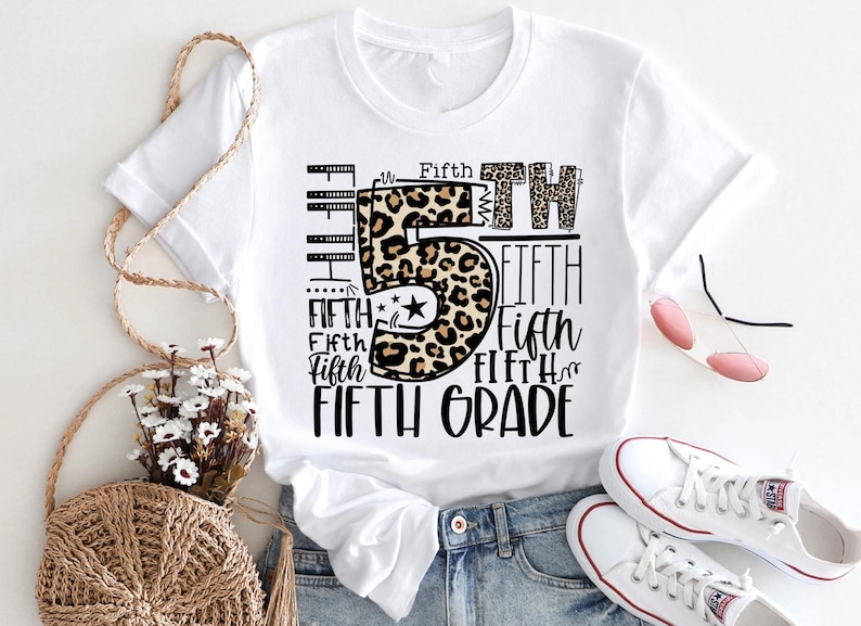 Fifth Grade Typography Shirt, 5th Grade Leopard T-shirt, First Day of School Tee, Back To School Sweatshirt, Grade Level Hoodie