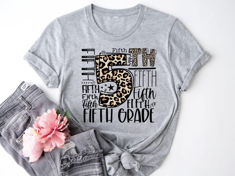 Fifth Grade Typography Shirt, 5th Grade Leopard T-shirt, First Day of School Tee, Back To School Sweatshirt, Grade Level Hoodie