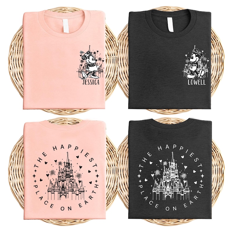 a group of three t - shirts sitting on top of a wicker basket