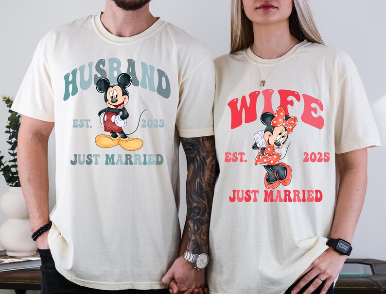 Disney Just Married Shirt, Husband Wife 2025 T-Shirt, Mickey Mouse Matching Shirt, Disneyland Bride & Groom Shirt, Honeymoon Couple Gift Tee
