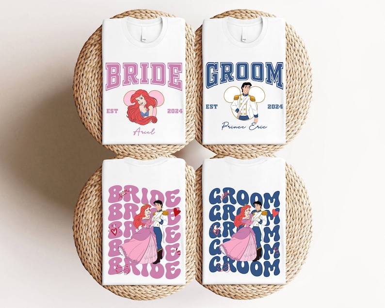 Disney Custom Bride Ariel & Groom Shirt, Matching Little Mermaid Tee, Magic Kingdom Bachelorette Party Tee, Disneyland Groom Prince Shirt