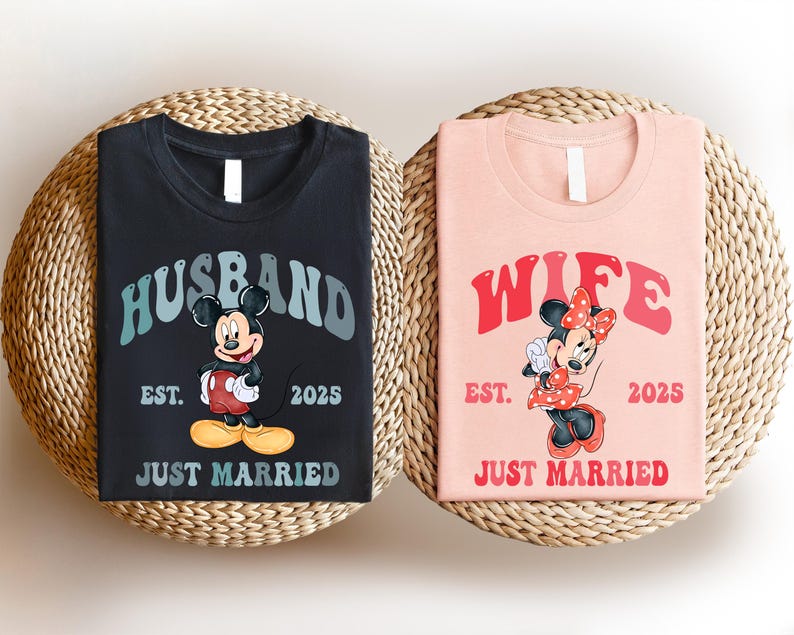 Disney Just Married Shirt, Husband Wife 2025 T-Shirt, Mickey Mouse Matching Shirt, Disneyland Bride & Groom Shirt, Honeymoon Couple Gift Tee