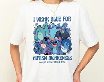 I Wear Blue For Autism Awareness Shirt, Disneyland Characters Support Team T-shirt, Autism Month Tee, Autism Mom Sweatshirt