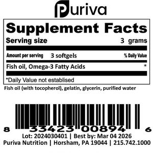 Aceite de pescado, Omega-3, suministro para 3 meses (90 cápsulas blandas), de Puriva Nutrition. imagen 2