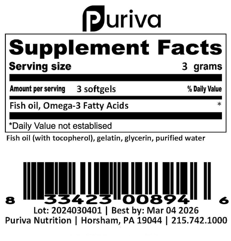 Aceite de pescado, Omega-3, suministro para 3 meses (90 cápsulas blandas), de Puriva Nutrition. imagen 2