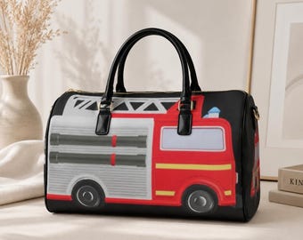 Red Fire Truck Faux Leather Travel Bag | Firefighter Women Empowerment Playful Fashion