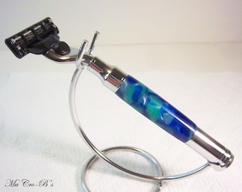 Gillette Mach3 Style Magnum Razor Handle featuring Blue and Green Acrylic: Chrome Trim, Gift for Husband, Birthday Present,