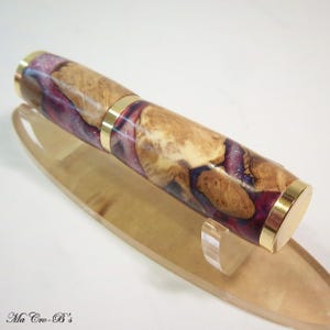 Perfume Atomizer Breath Spritzer Refillable in Olive Burl and Purple Glitter Epoxy Hybrid, Gold Trim for Pocket Purse or Vanity Travel Size