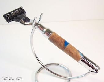 Gillette Mach3 Style Magnum Razor Handle featuring Blue Sapphire Epoxy and Olive Burl Wood Hybrid Chrome Trim