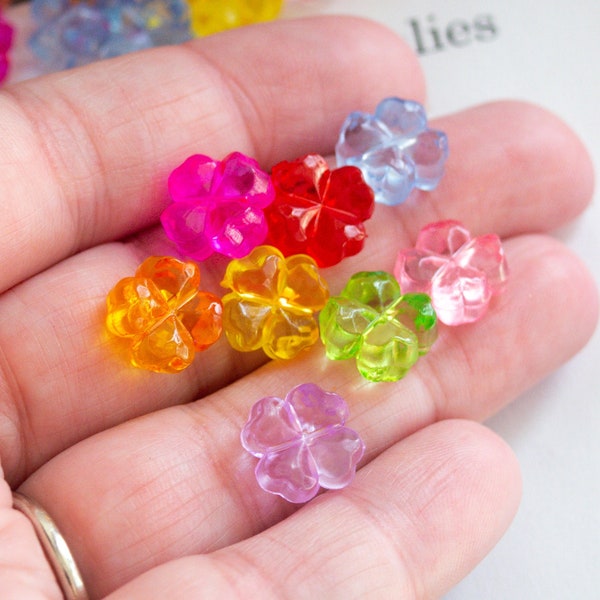 10mm Faceted Flower Beads in Transparent Acrylic, 6mm Thick 4 Petal Shape, Mixed Colors Four-Leaf Clover Sparkly for DIY Crafts and Jewelry