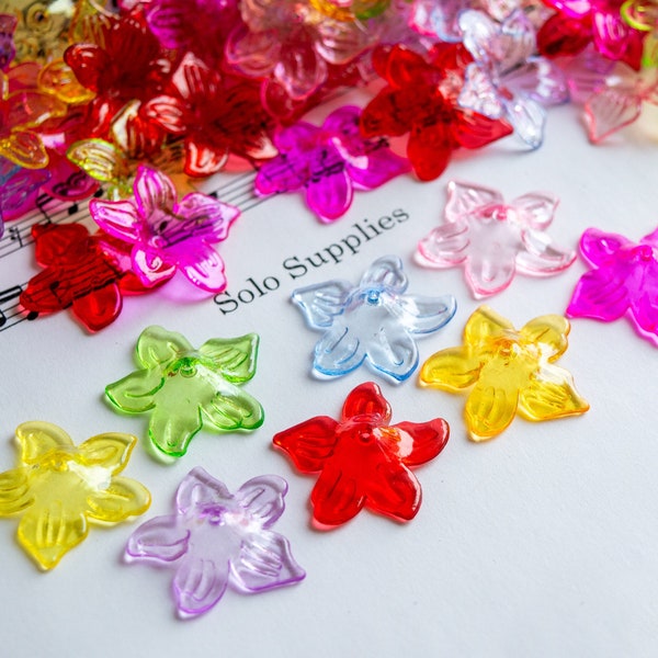 Large Transparent Acrylic Flower Beads, 6.5mm x 27mm Size in Beautiful Vibrant Colors, Clear Vintage Themed Floral Lightweight Layer Nesting