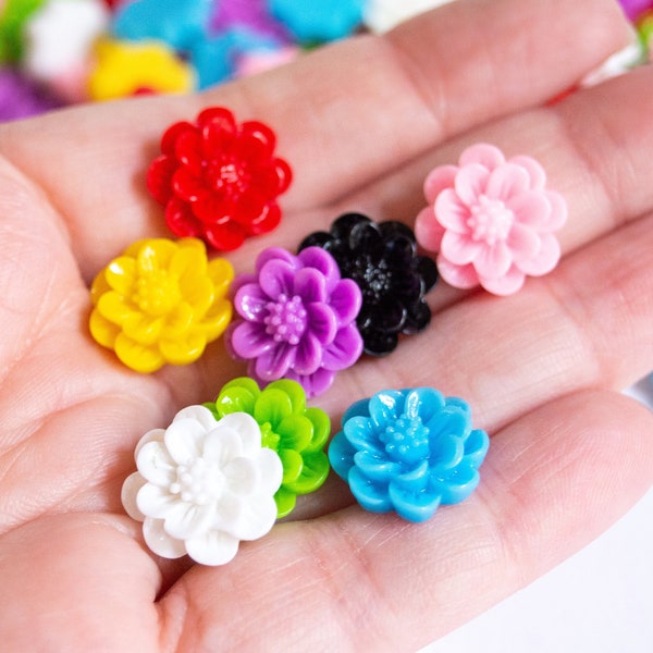 15.5mm Flower Cabochons in Colorful Resin, Bright Bold Color Mix, Chrysanthemum Dahlia Shape, Flatback Undrilled Cabs for DIY Jewelry Crafts