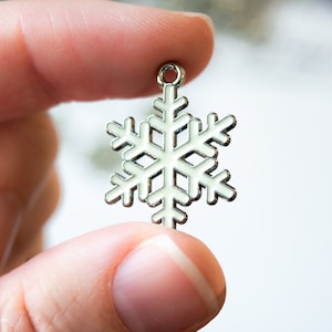 Snowflake Charms with White Enamel, 25mm Long with Closed Loop, Platinum/Nickel Colored Shiny Finish, Christmas Holiday DIY Craft Gifts