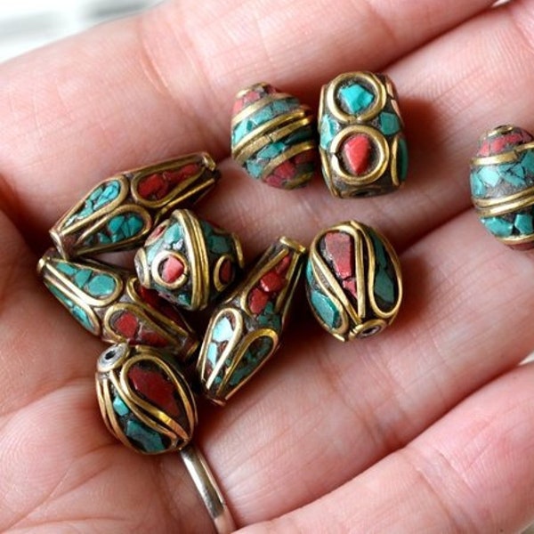 Brass Inlay Beads with Turquoise, Coral, and Lapis Detail, 1.5mm Hole Beautiful Exotic Beads, Heavy weight Crafting and DIY Jewelry Making