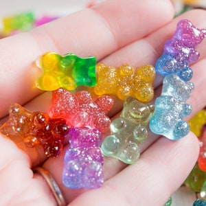 Glitter Two Tone Bear Cabochons 18x12mm In Colorful Resin, Undrilled Flatback Glue on Embellishment, Kawaii Decoden Jewelry and Craft Supply