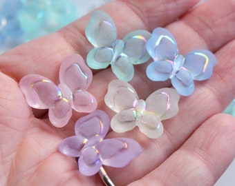 Big Butterfly Beads Frosted Acrylic Mixed Pastel Colors 18mm by 21mm, 6mm Thick, Embossed Pearly AB Finish Details 1.75mm Hole Transparent