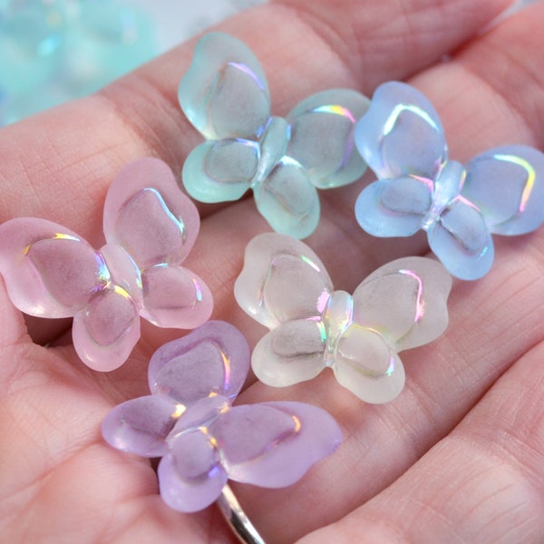 Big Butterfly Beads Frosted Acrylic Mixed Pastel Colors 18mm by 21mm, 6mm Thick, Embossed Pearly AB Finish Details 1.75mm Hole Transparent