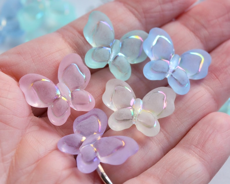 Big Butterfly Beads Frosted Acrylic Mixed Pastel Colors 18mm by 21mm, 6mm Thick, Embossed Pearly AB Finish Details 1.75mm Hole Transparent image 1