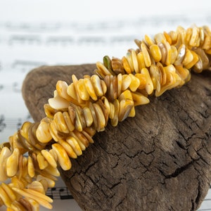 Mother of Pearl Chip Beads Dyed Yellow and Brown, 34" Strand Bulk Quantity for DIY Necklaces and Jewelrymaking Projects, Shiny Polish Nugget