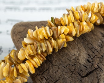 Mother of Pearl Chip Beads Dyed Yellow and Brown, 34" Strand Bulk Quantity for DIY Necklaces and Jewelrymaking Projects, Shiny Polish Nugget